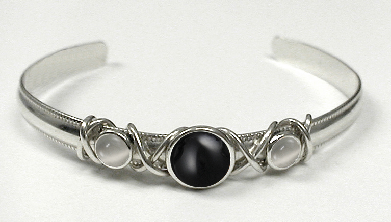 Sterling Silver Hand Made Cuff Bracelet With Black Onyx And White Moonstone